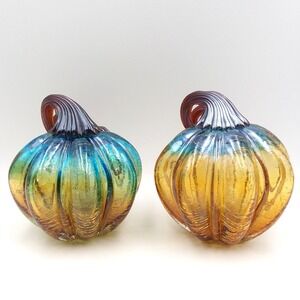 2 Hand Blown Artisanal‎ Cracle Glass Pumpkin Gourd Blue Amber Desk Art